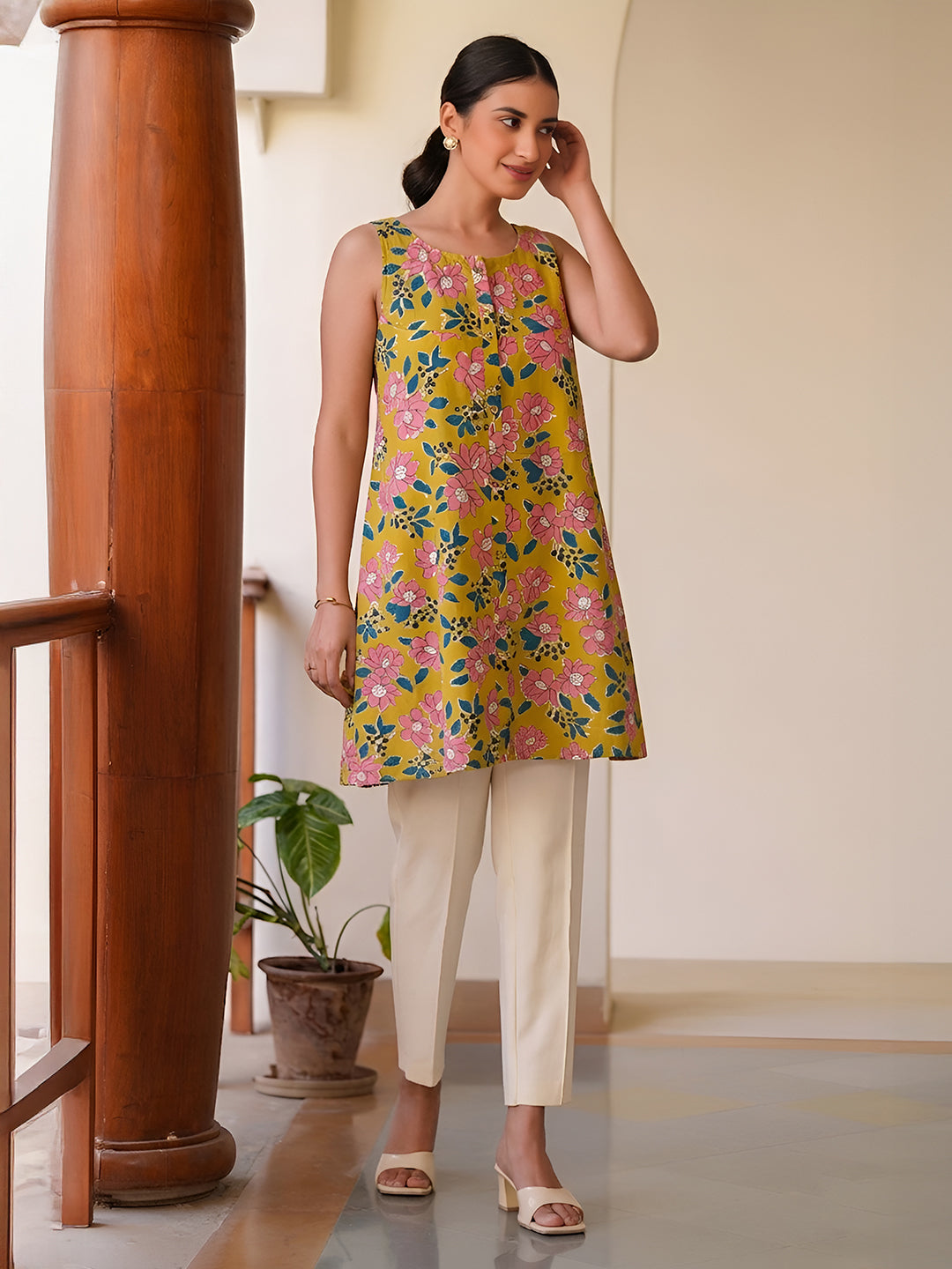 Janasya Yellow A-Line Cotton Tunic - Dista