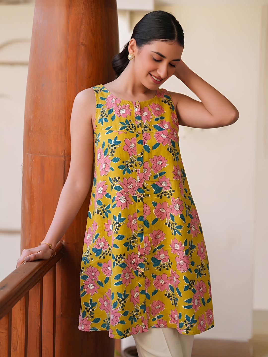Janasya Yellow A-Line Cotton Tunic - Dista