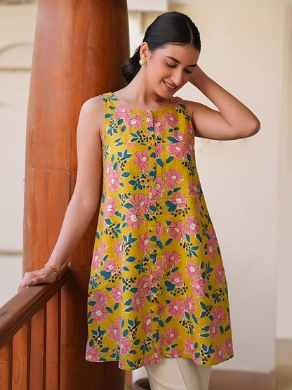 Janasya Yellow A-Line Cotton Tunic - Dista