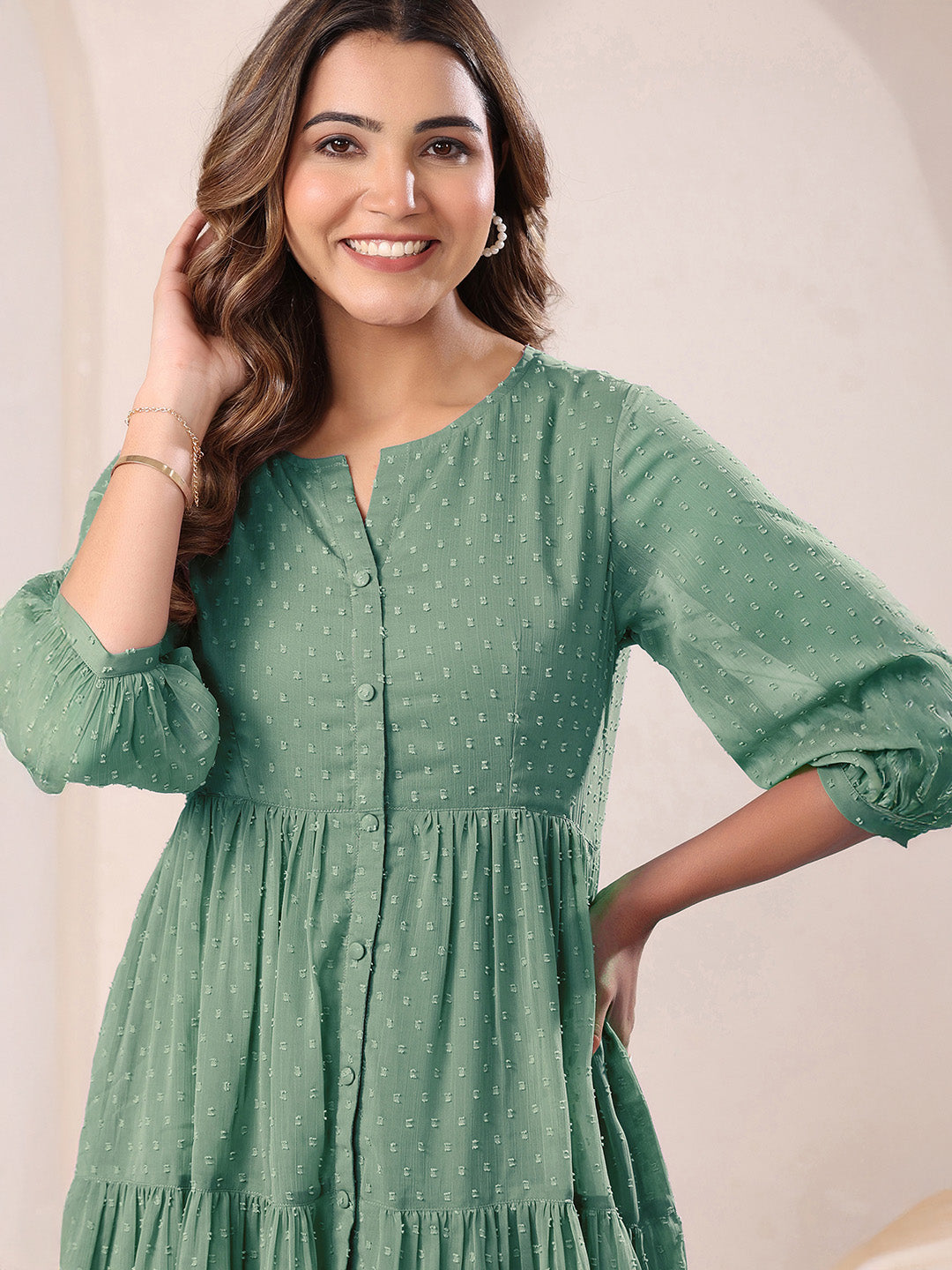 Janasya Sage Gathered Dobby Chiffon Tunic
