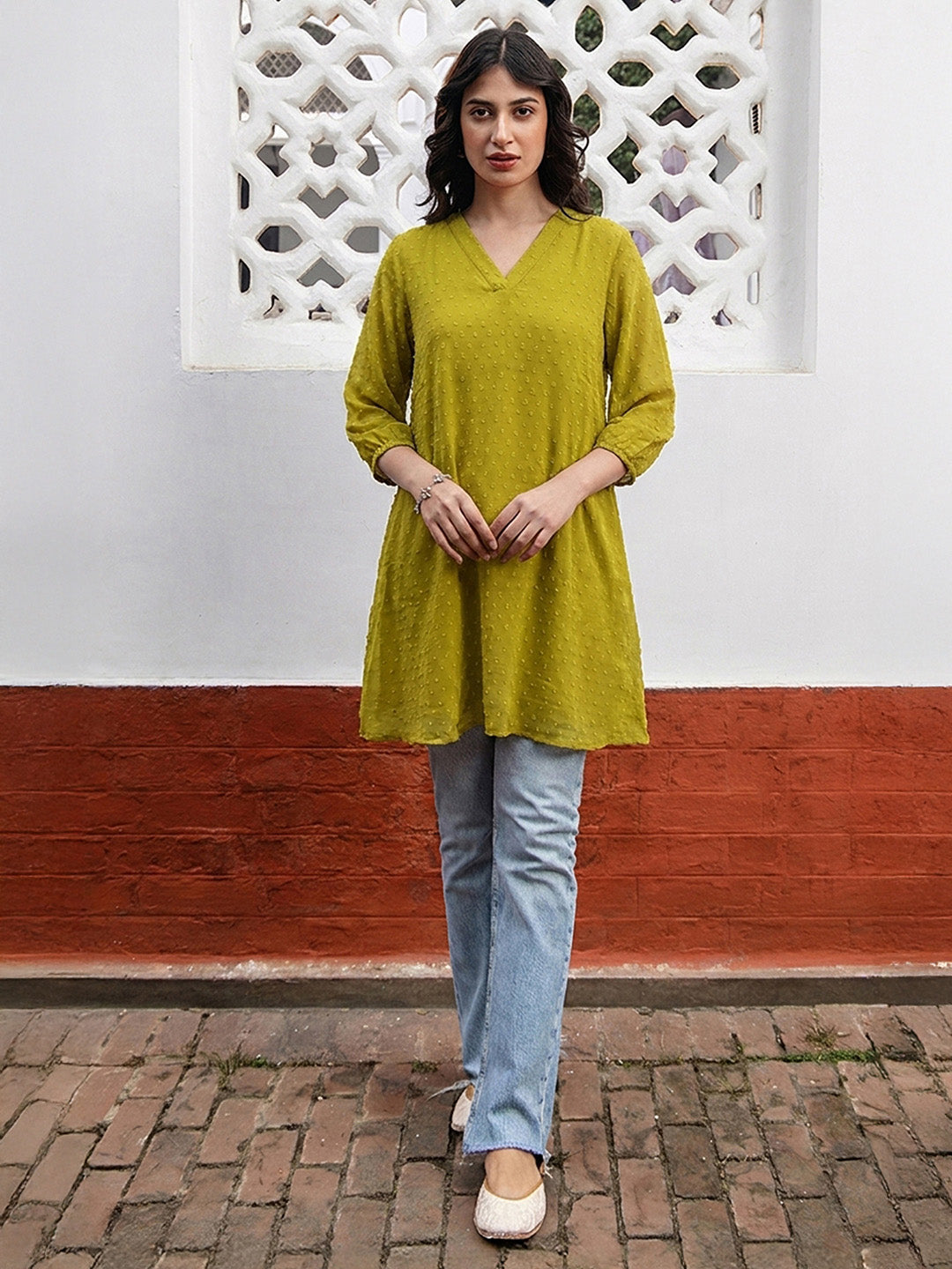 Janasya Lime A-Line Dobby Chiffon Tunic - Dista