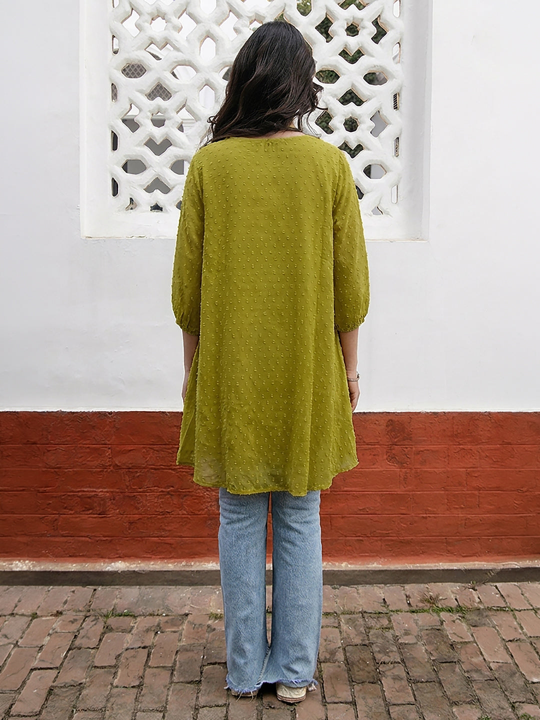 Janasya Lime A-Line Dobby Chiffon Tunic - Dista