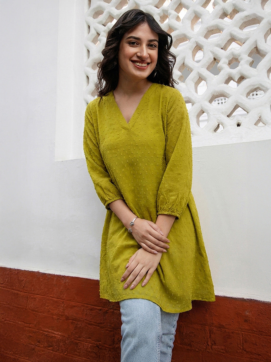 Janasya Lime A-Line Dobby Chiffon Tunic