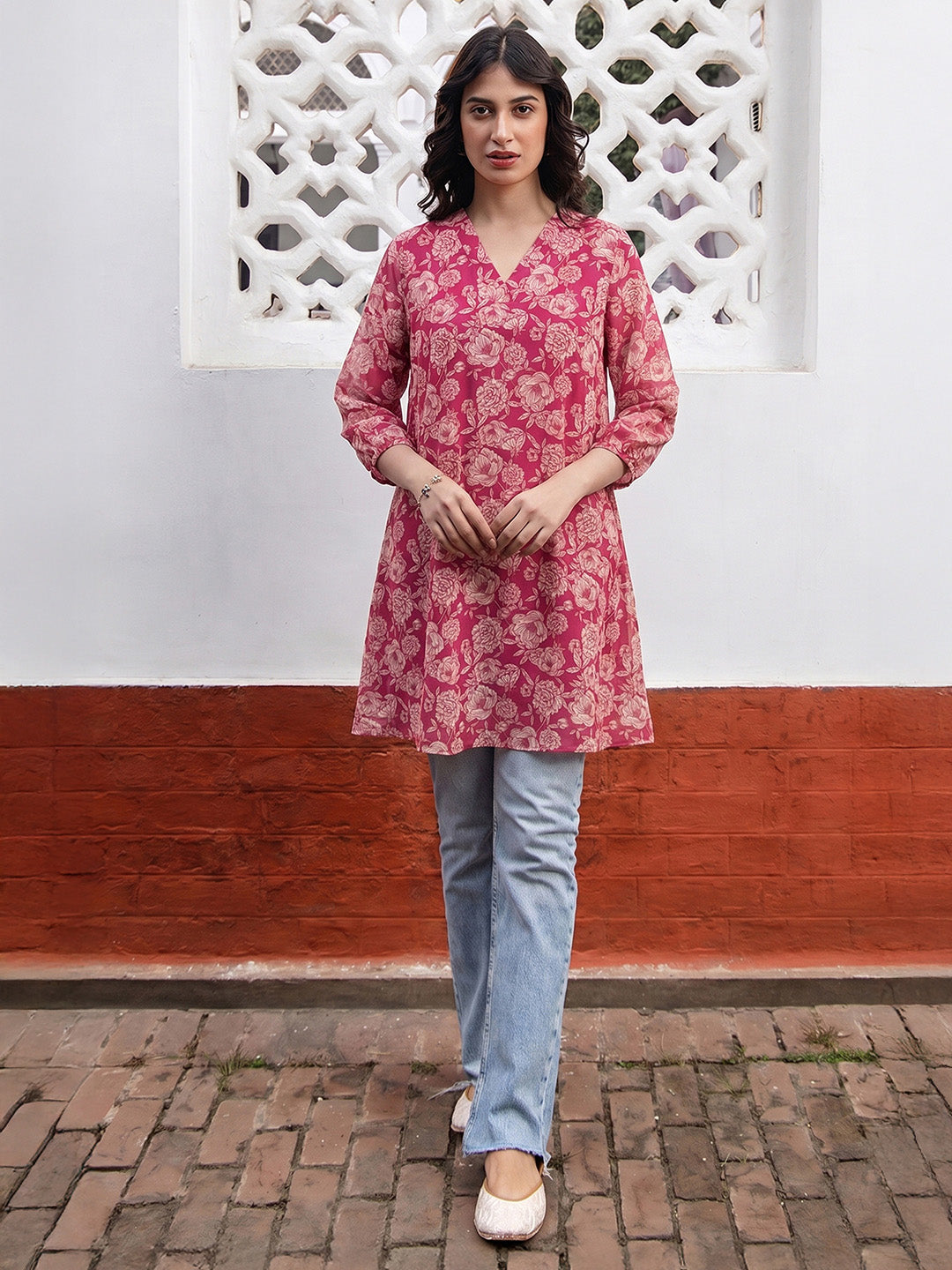 Janasya Pink A-Line Georgette Tunic - Dista