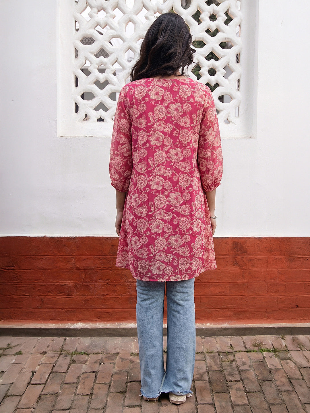 Janasya Pink A-Line Georgette Tunic - Dista