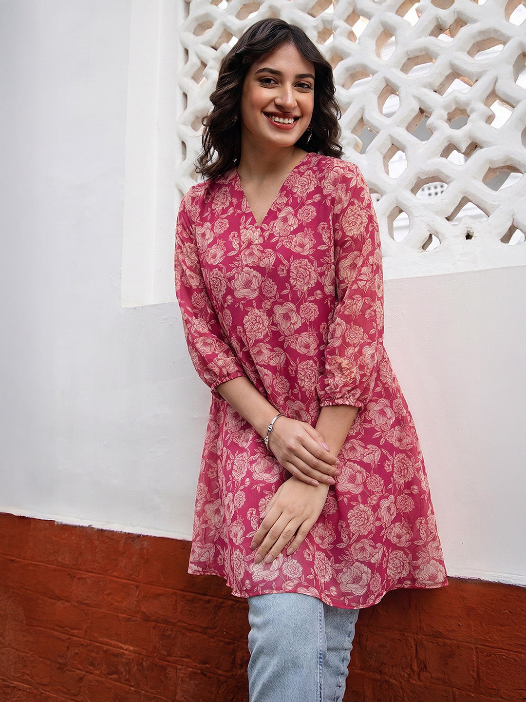 Janasya Pink A-Line Georgette Tunic - Dista