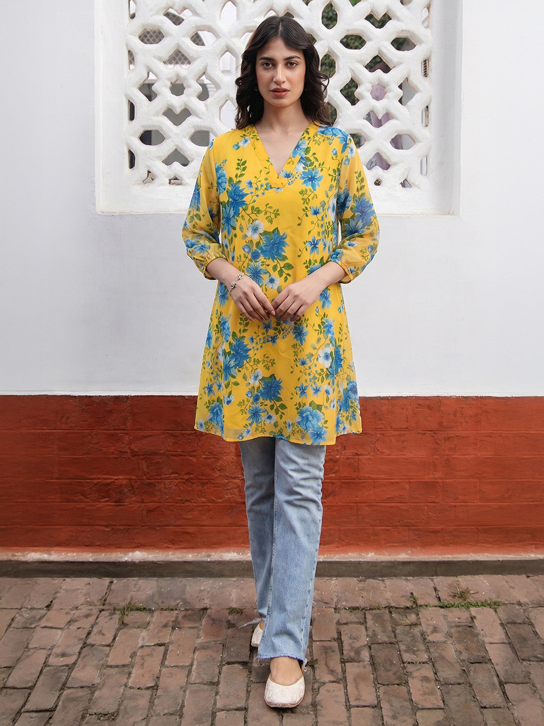 Janasya Yellow A-Line Georgette Tunic - Dista