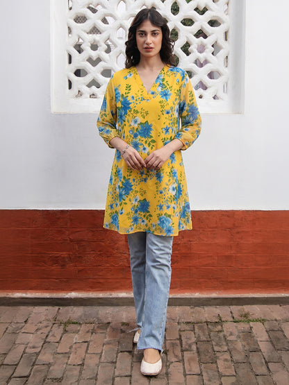 Janasya Yellow A-Line Georgette Tunic - Dista
