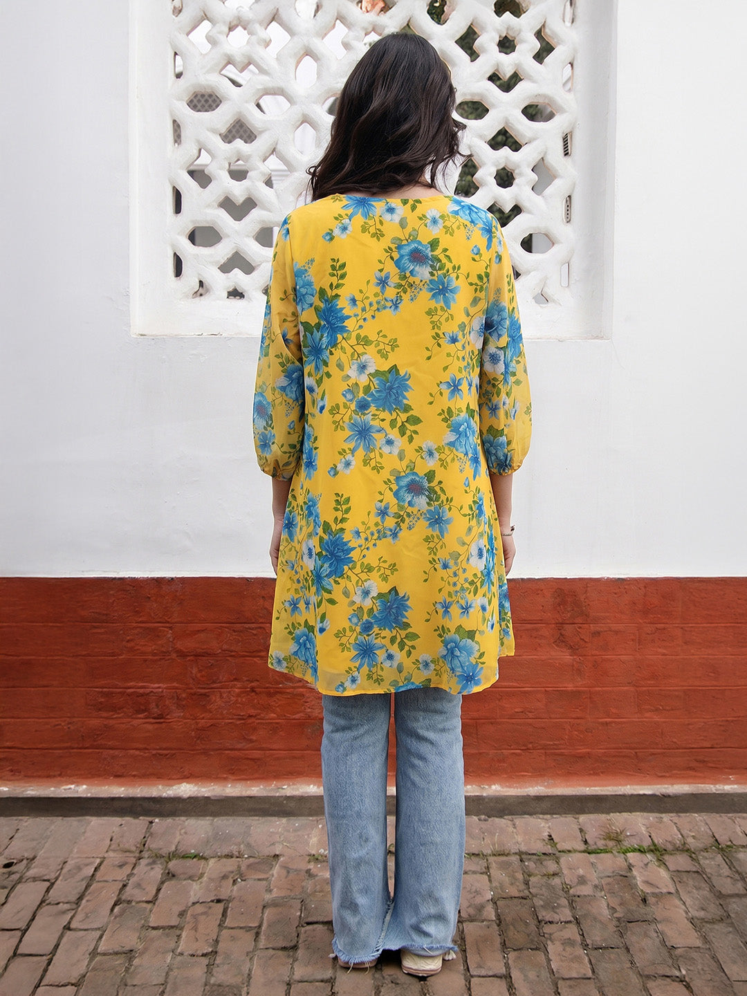 Janasya Yellow A-Line Georgette Tunic - Dista