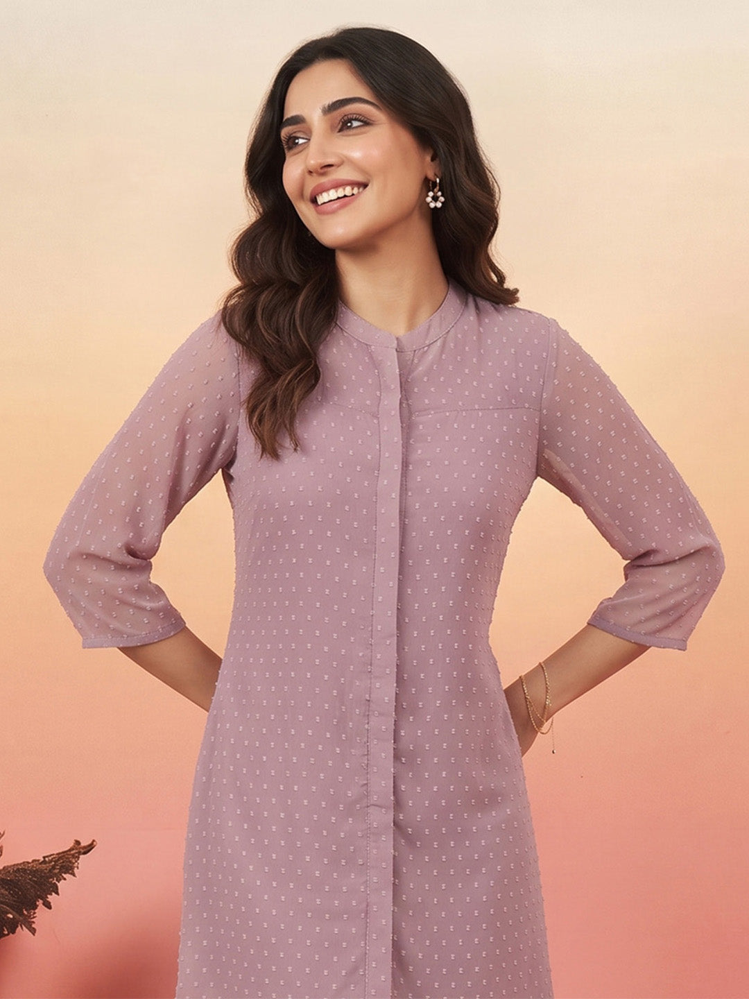 Janasya Lavender A-Line Dobby Chiffon Tunic