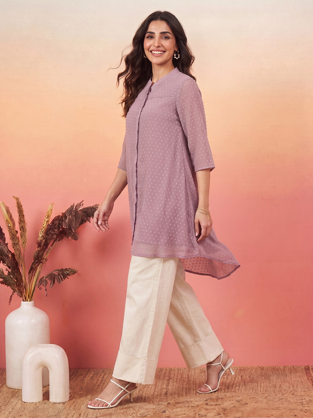 Janasya Lavender A-Line Dobby Chiffon Tunic - Dista