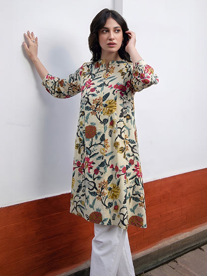 Janasya Beige A-Line Cotton Tunic - Dista