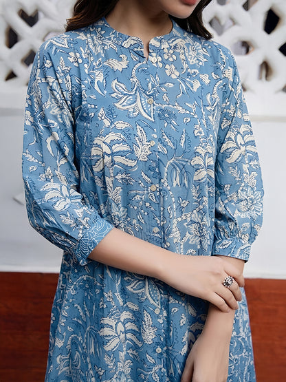 Janasya Sky Blue A-Line Cotton Tunic - Dista
