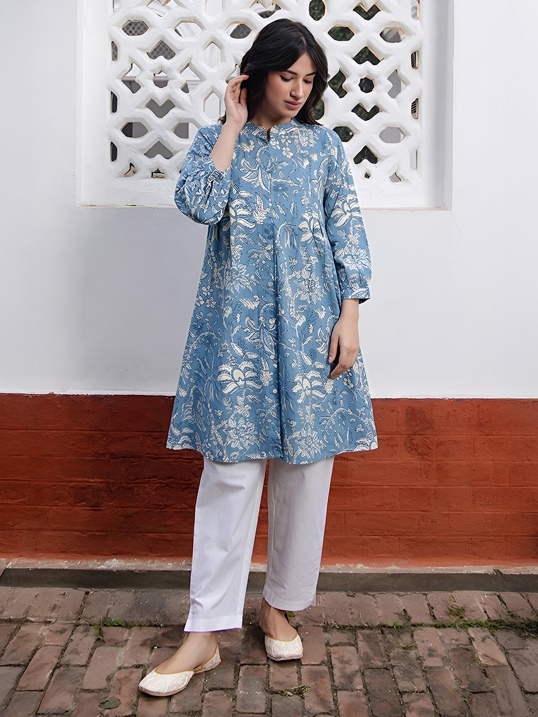 Janasya Sky Blue A-Line Cotton Tunic - Dista
