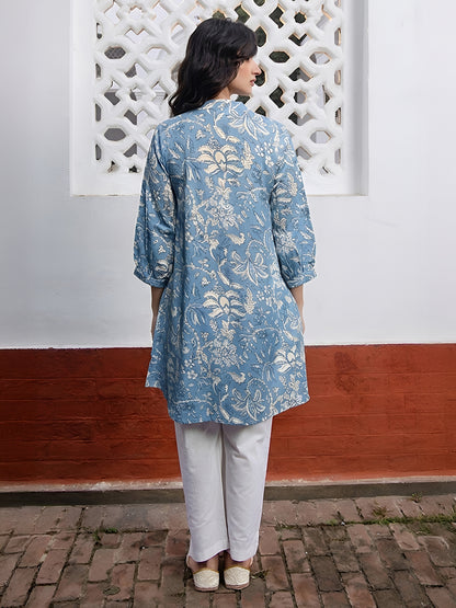 Janasya Sky Blue A-Line Cotton Tunic - Dista