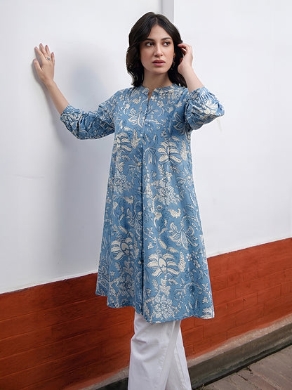 Janasya Sky Blue A-Line Cotton Tunic - Dista