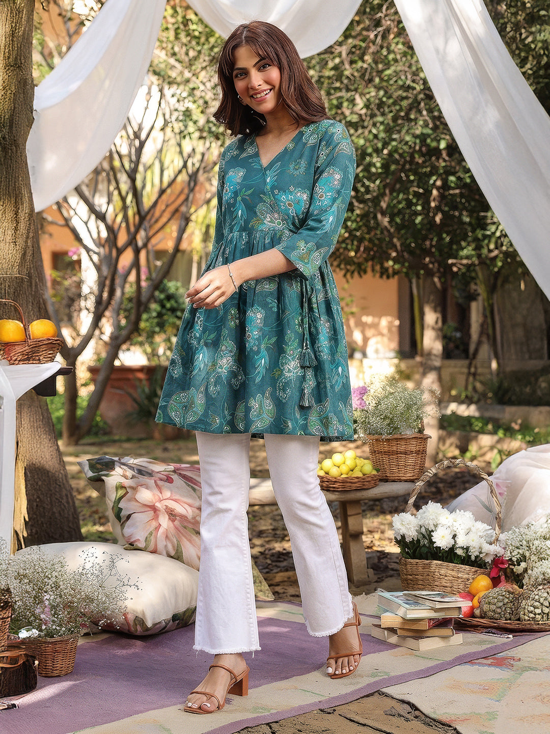 Janasya Teal Gathered Cotton Tunic - Dista
