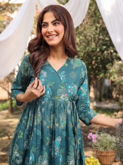 Janasya Teal Gathered Cotton Tunic - Dista