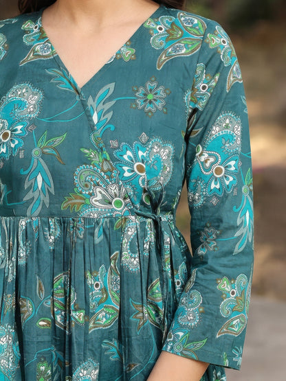 Janasya Teal Gathered Cotton Tunic - Dista