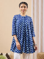 Thumbnail for Janasya Blue A-Line Cotton Tunic - Dista