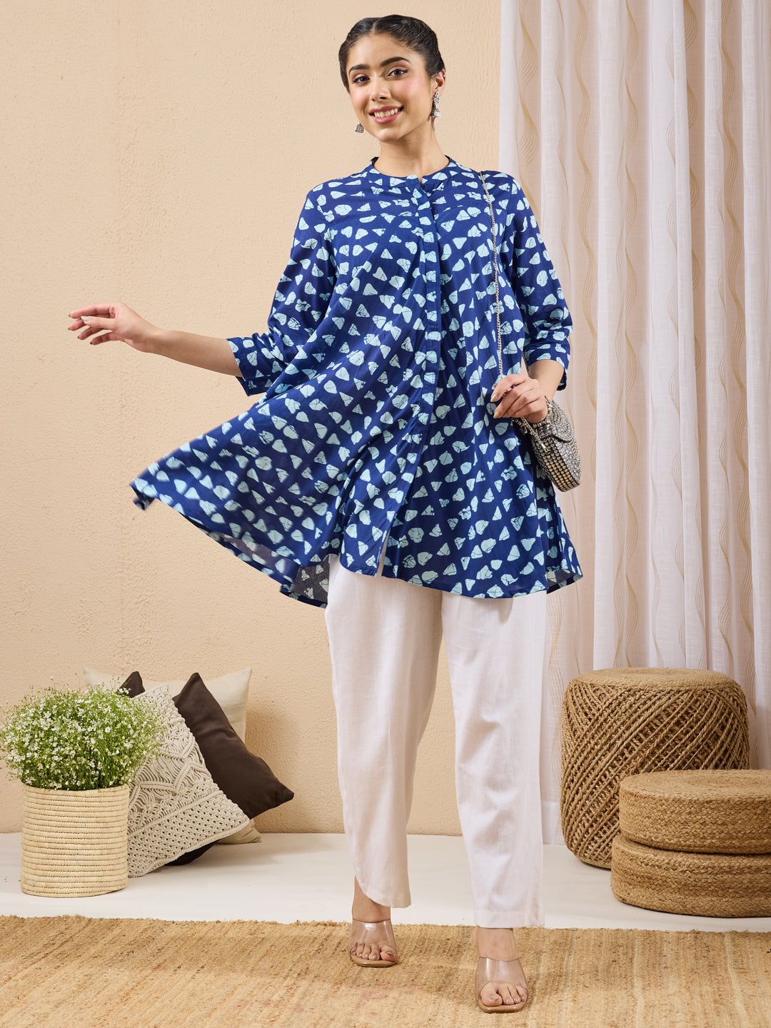 Janasya Blue A-Line Cotton Tunic - Dista