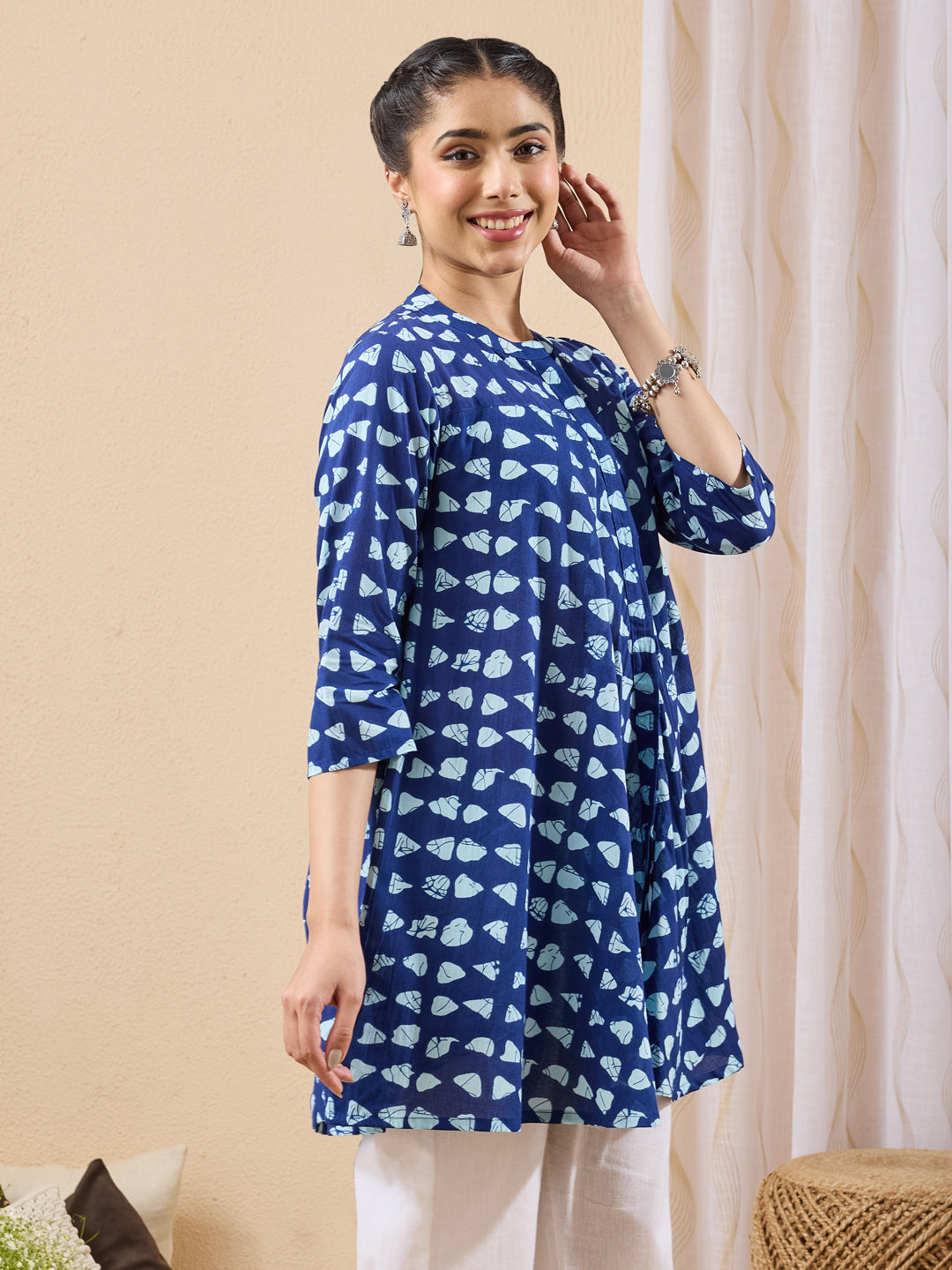 Janasya Blue A-Line Cotton Tunic - Dista