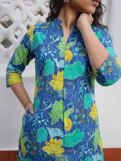 Janasya Blue A-Line Cotton Tunic - Dista