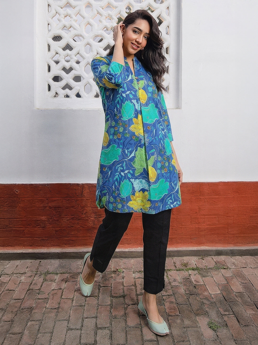 Janasya Blue A-Line Cotton Tunic - Dista