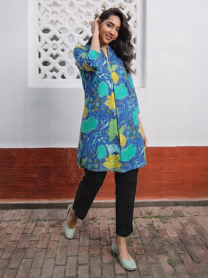 Janasya Blue A-Line Cotton Tunic - Dista