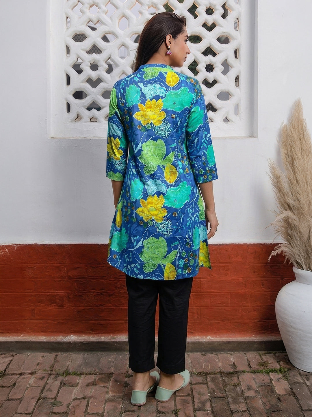 Janasya Blue A-Line Cotton Tunic - Dista
