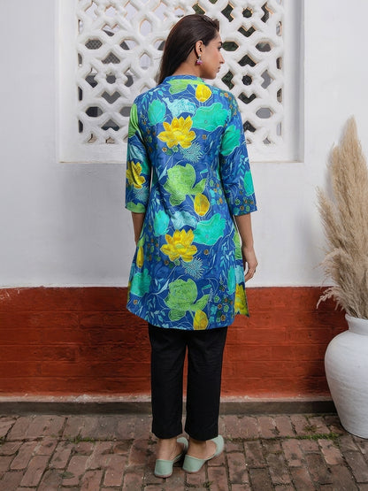 Janasya Blue A-Line Cotton Tunic - Dista