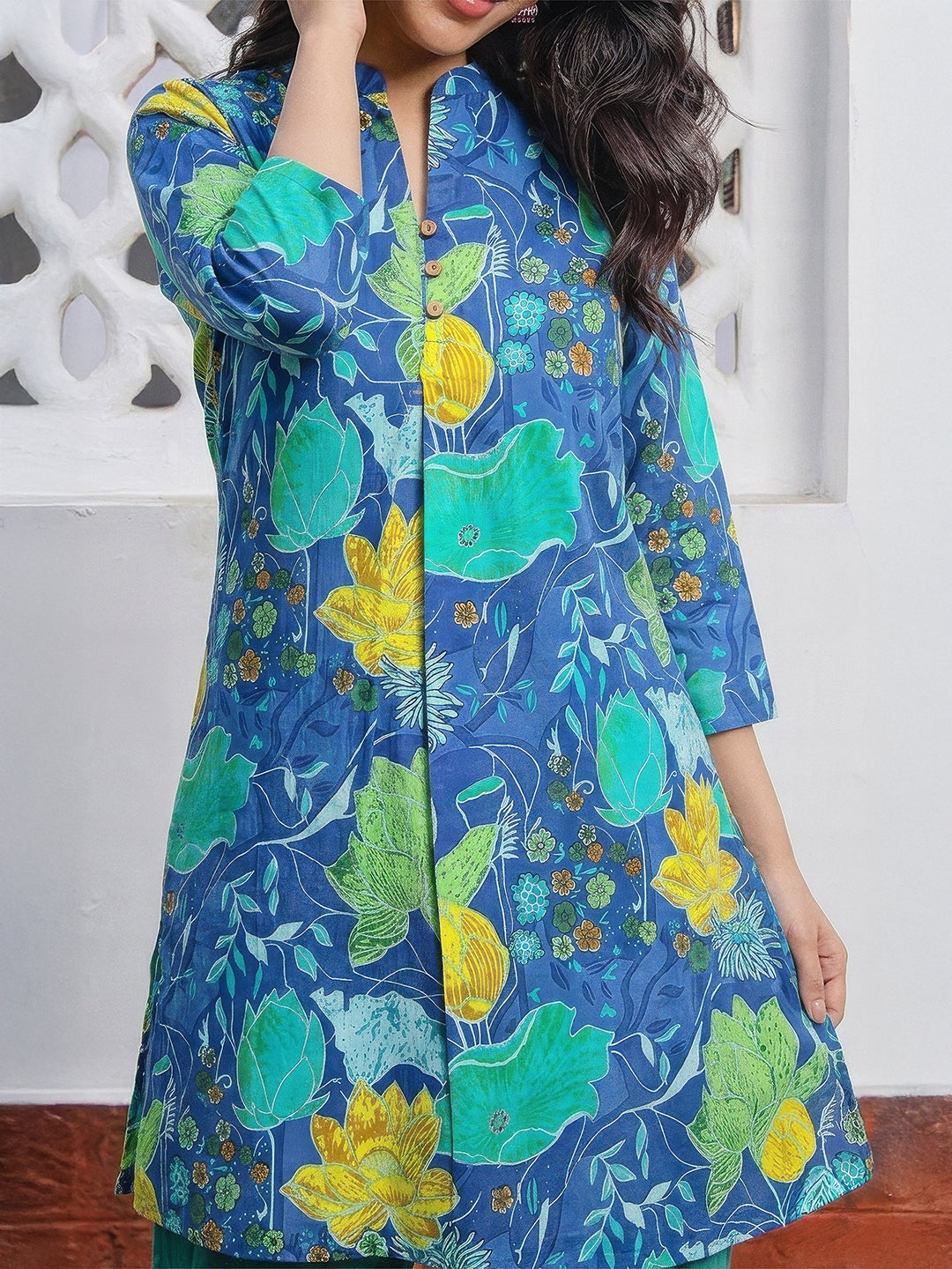 Janasya Blue A-Line Cotton Tunic - Dista