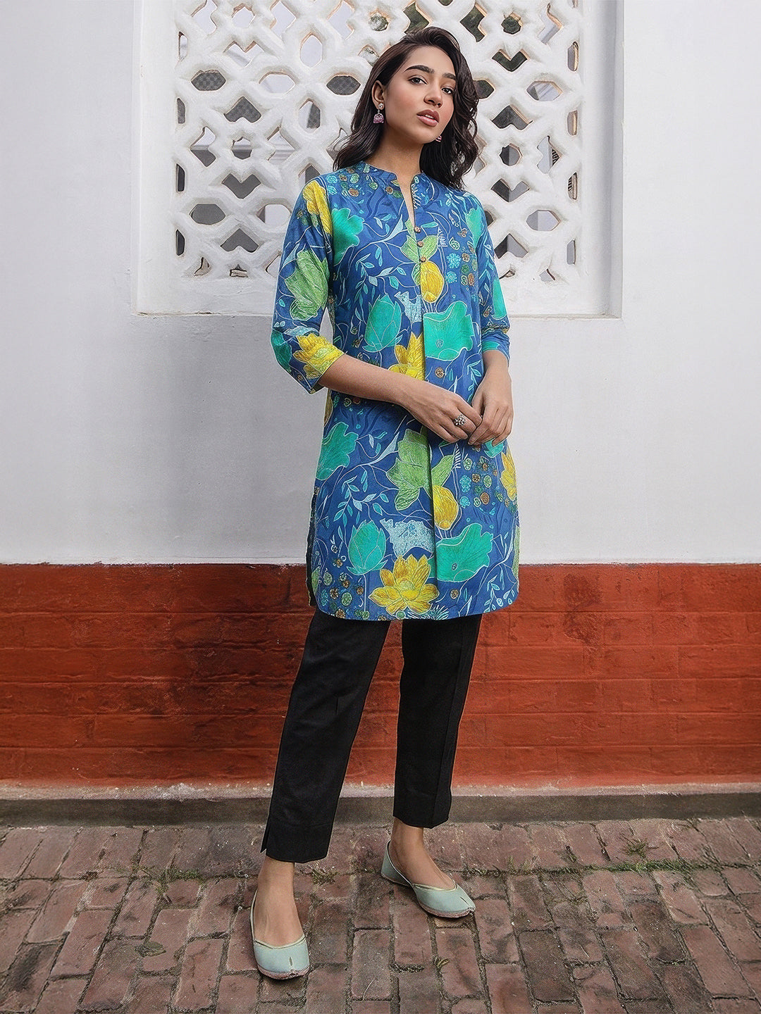 Janasya Blue A-Line Cotton Tunic - Dista