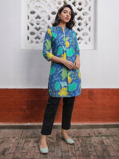 Janasya Blue A-Line Cotton Tunic - Dista
