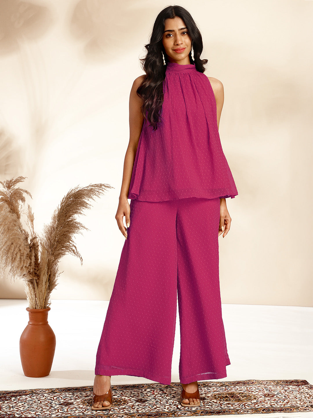 Janasya Bright Dobby Chiffon Self Design Gathered Top & Bottom Set