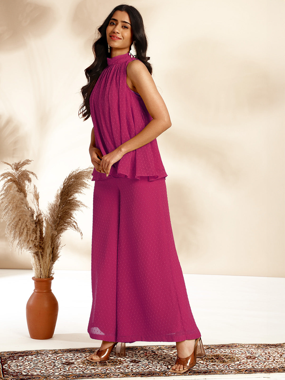 Janasya Bright Dobby Chiffon Self Design Gathered Top & Bottom Set