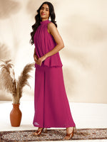 Thumbnail for Janasya Bright Dobby Chiffon Self Design Gathered Top & Bottom Set