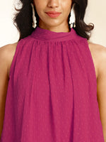 Thumbnail for Janasya Bright Dobby Chiffon Self Design Gathered Top & Bottom Set