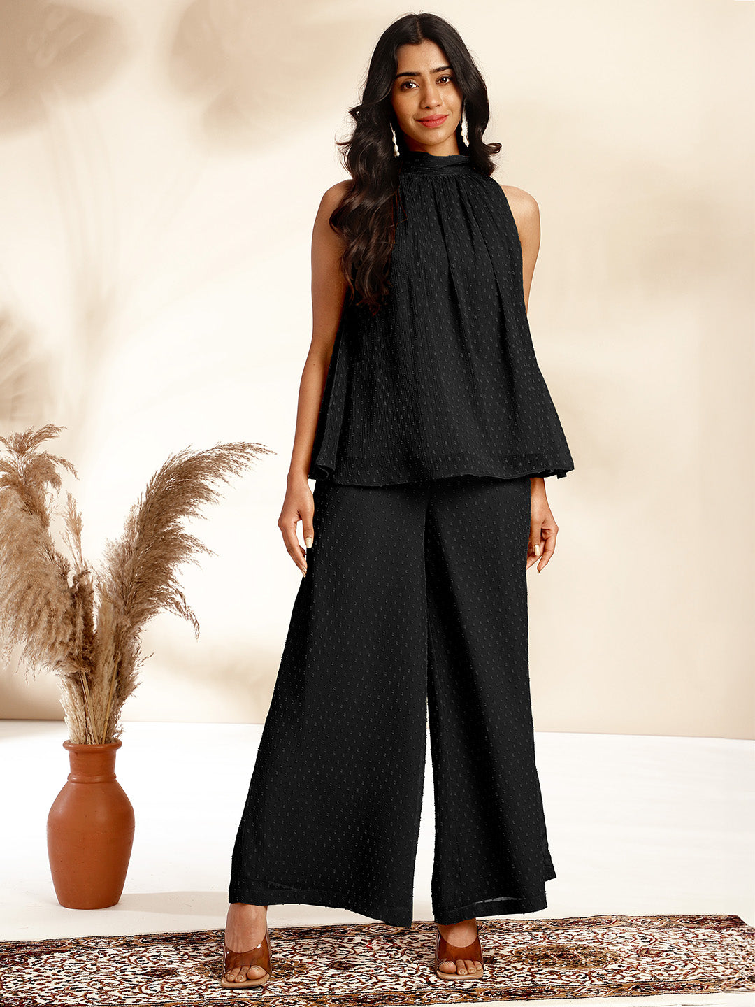 Janasya Black Dobby Chiffon Self Design Co-Ords - Distacart