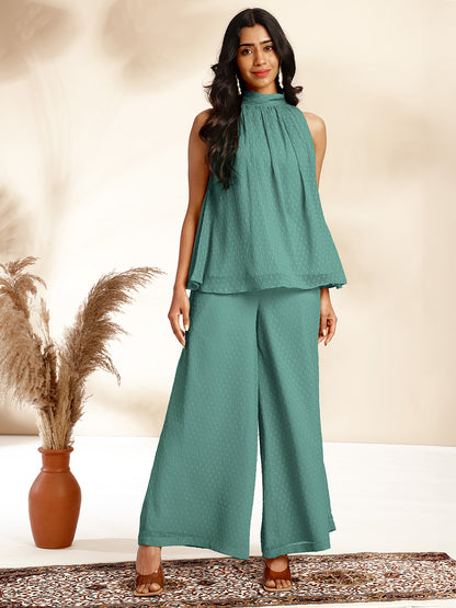 Janasya Sage Dobby Chiffon Self Design Co-Ords - Distacart
