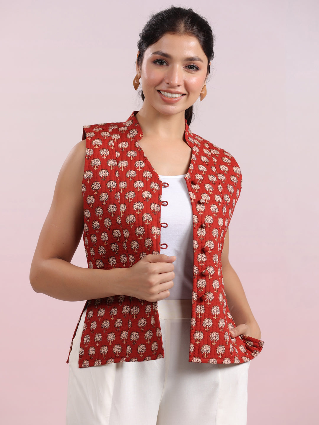 Janasya Straight Cambric Maroon Jacket - Distacart