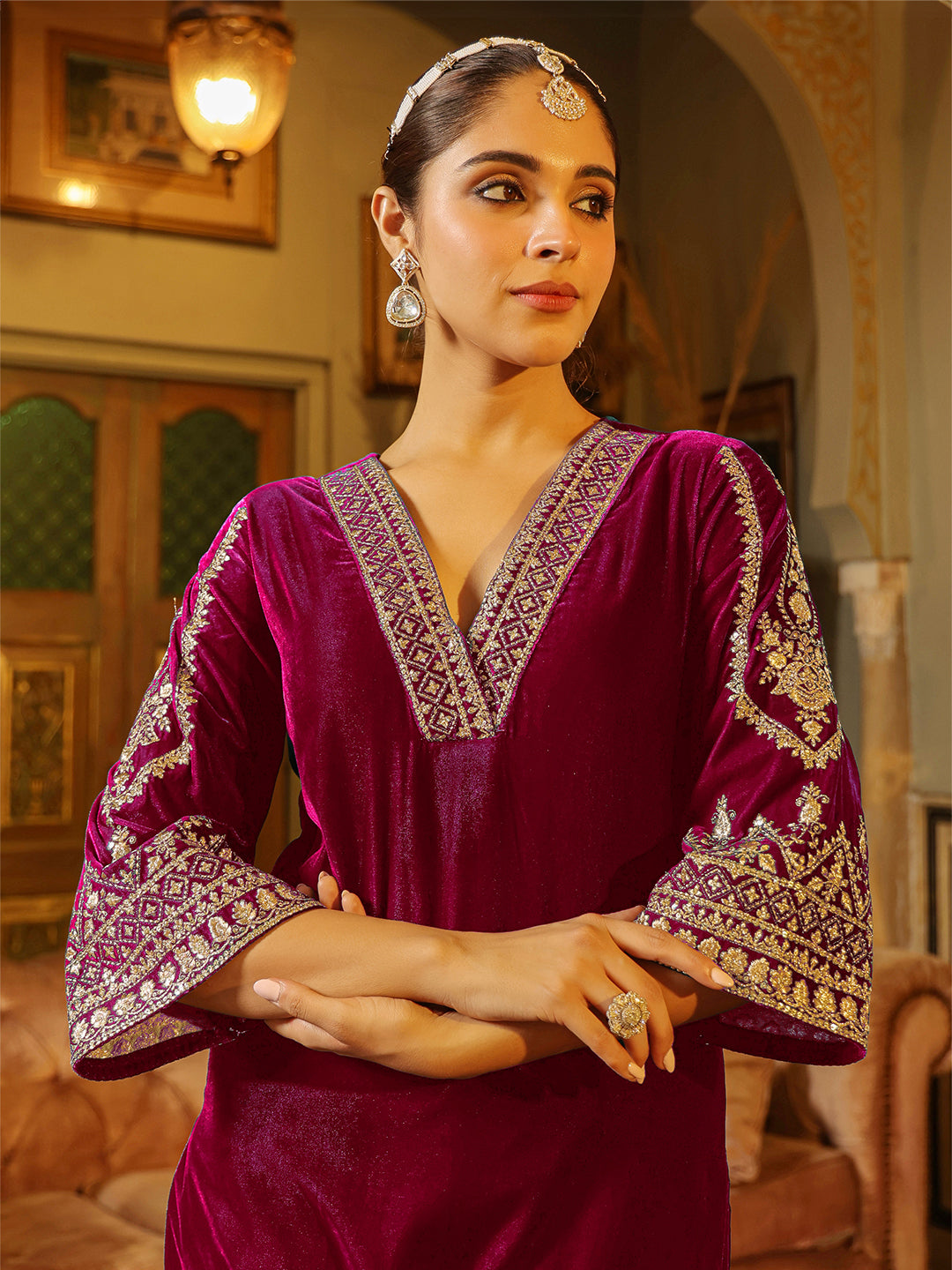 Janasya Pink Velvet Embroidered Kurta & Bottom - Distacart