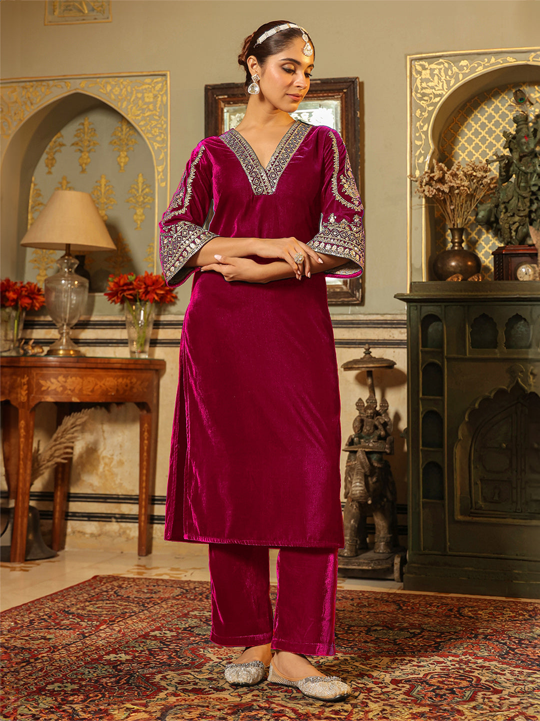 Janasya Pink Velvet Embroidered Kurta & Bottom - Distacart