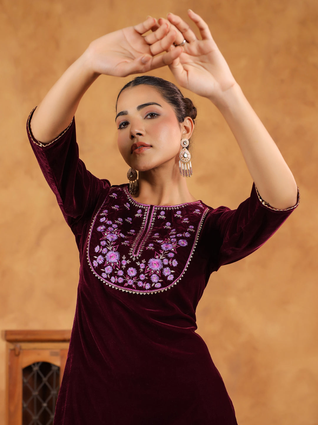 Janasya Wine Velvet Embroidered Kurta & Bottom - Distacart