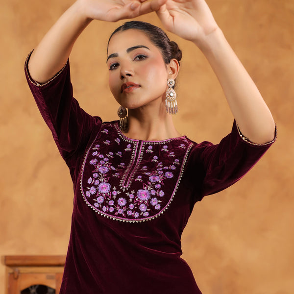 Janasya Wine Velvet Embroidered Kurta & Bottom - Distacart