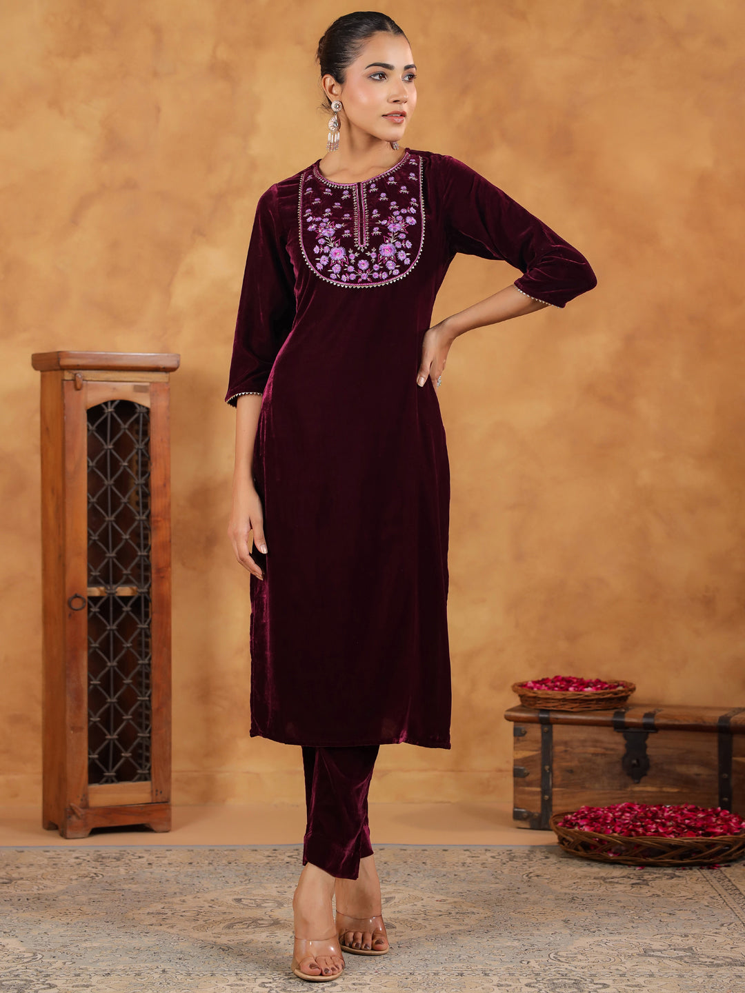 Janasya Wine Velvet Embroidered Kurta & Bottom - Distacart