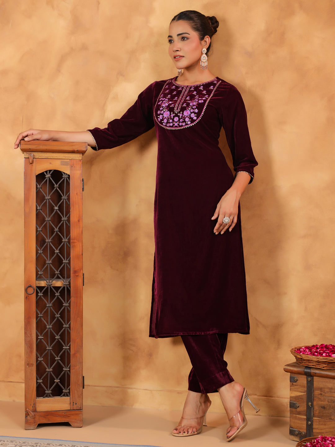 Janasya Wine Velvet Embroidered Kurta & Bottom - Distacart