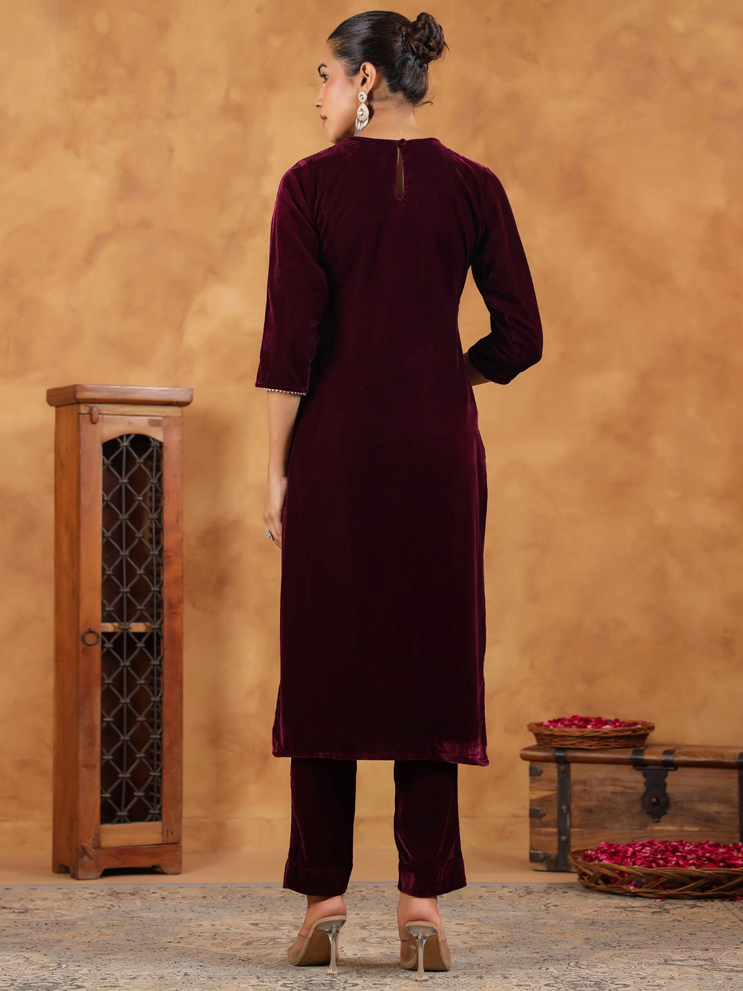 Janasya Wine Velvet Embroidered Kurta & Bottom - Distacart