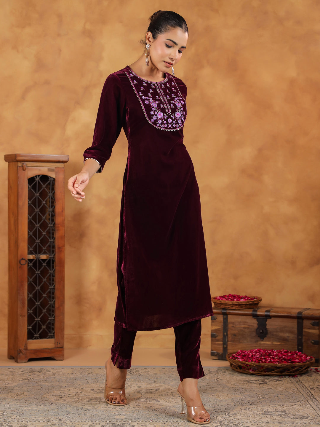 Janasya Wine Velvet Embroidered Kurta & Bottom - Distacart