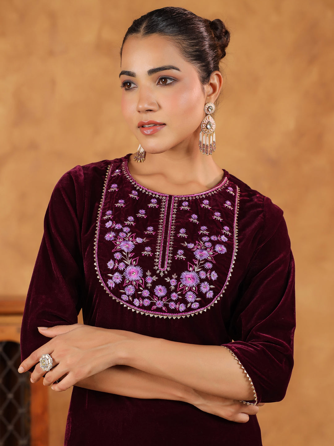 Janasya Wine Velvet Embroidered Kurta & Bottom - Distacart